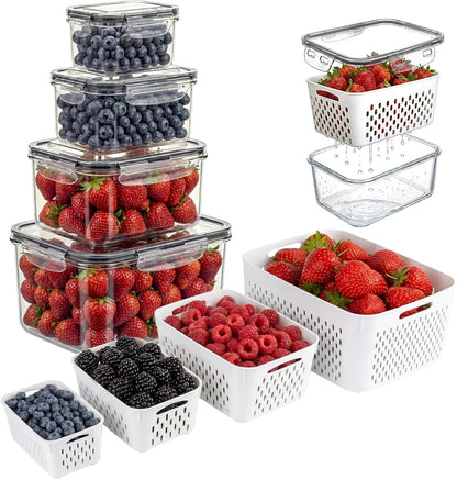 Berry keeper Fruit Storage Containers for Fridge with Removable Colander | 4 in 1 Food Storage Containers with Lids, Dishwasher Safe Easy to Clean, Keep Strawberry and Other Fruit Fresh Longer, 4PCS