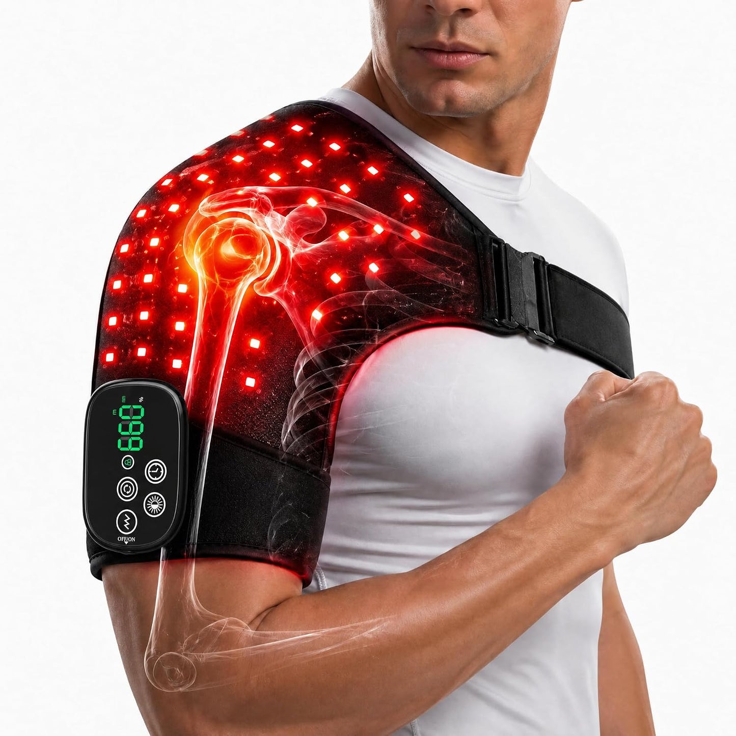 Red Light Therapy For Shoulder Pain Wrap with Heat & Vibration, 660nm & 850nm Infrared Shoulder Massager, Cordless 5000mAh Heating Pad for Neck & Shoulder Comfort, Wearable Support for Men & Women