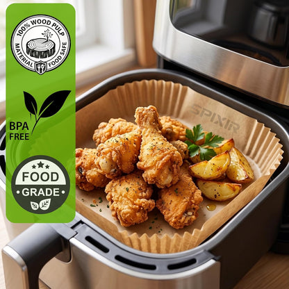 Air Fryer Paper Liners, 100Pcs Air Fryer Liners Disposable 8" Square Heavy-Duty Parchment Paper for Air Fryer Basket 5-8 Qt. Non-Stick, Oil Proof, Unbleached Baking Liners for Oven & Microwave