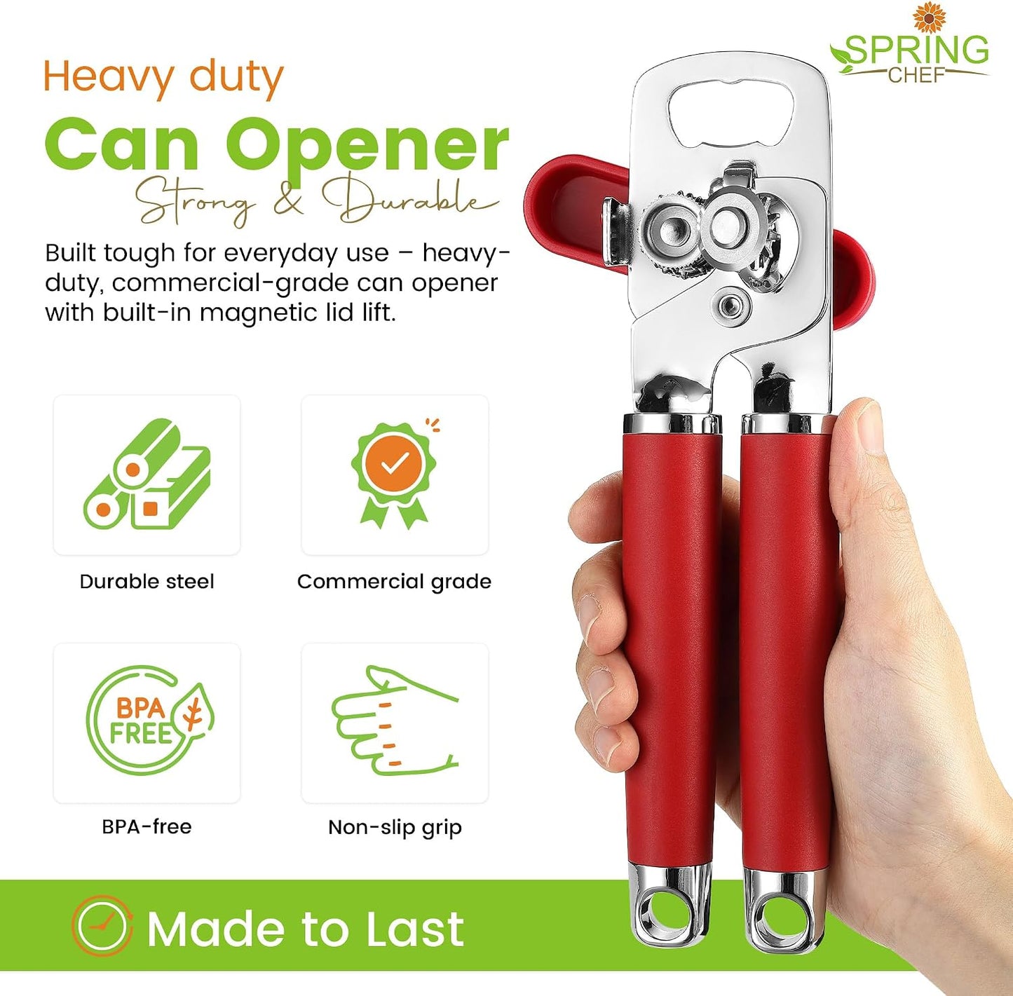 Spring Chef Stainless Steel Manual Can Opener with Soft Grip Handles, Black | Heavy Duty Hand Can Opener for Seniors with Smooth Edge, Easy Turn, 3in1 Can Opener with Magnetic Lid Remover & Bottle Opener