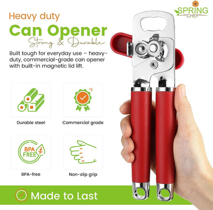 Spring Chef Stainless Steel Manual Can Opener with Soft Grip Handles, Black | Heavy Duty Hand Can Opener for Seniors with Smooth Edge, Easy Turn, 3in1 Can Opener with Magnetic Lid Remover & Bottle Opener