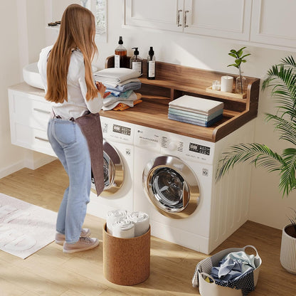 2-Tier Washer Dryer Countertop with 2.75" H Edge Rails, 54" W x 27.55" D Laundry Countertop for Folding Clothes, Washer and Dryer Topper with Non-Slip Pad (Dark Walnut)