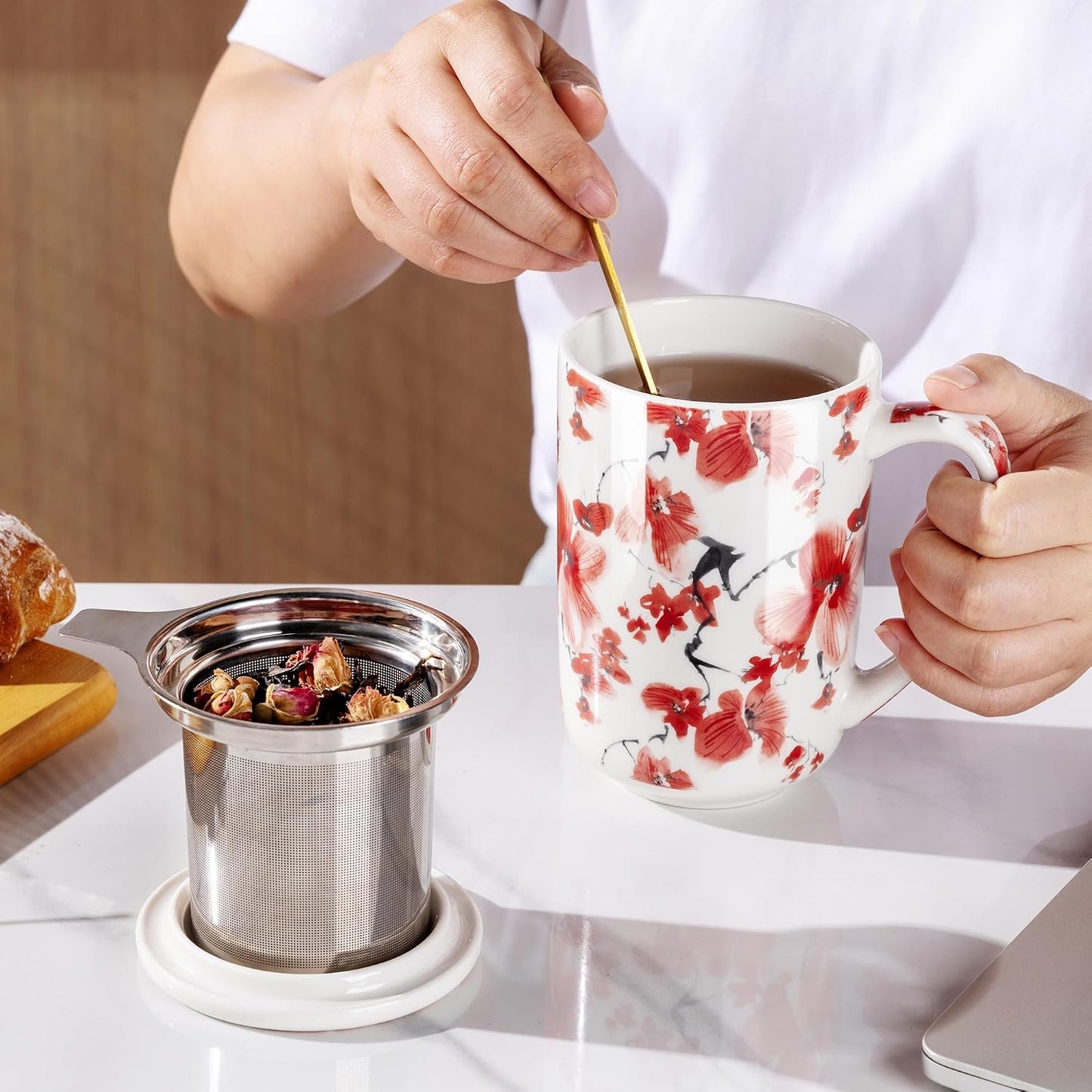 AmorArc Tea Cup With Infuser and Lid, 18oz Loose Leaf Tea Mug With Steeper | Porcelain Tea Mug With Infuser and Lid, Large Strainer Tea Cup with Lid for Tea, Coffee Mug for House-warming Birthday Gift