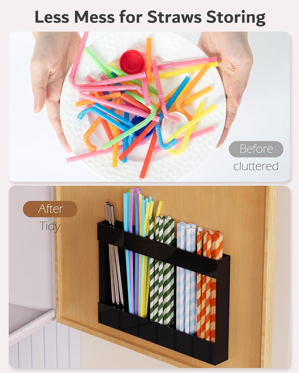 Upgraded 9.5'' Large Acrylic Straw Holder for Cabinet Door, Adjustable Space-Saving Straw Organizer Storage Dispenser for Cabinet with Ultra Sticky Adhesive Strips, 2-Part Rack, Drainage Holes