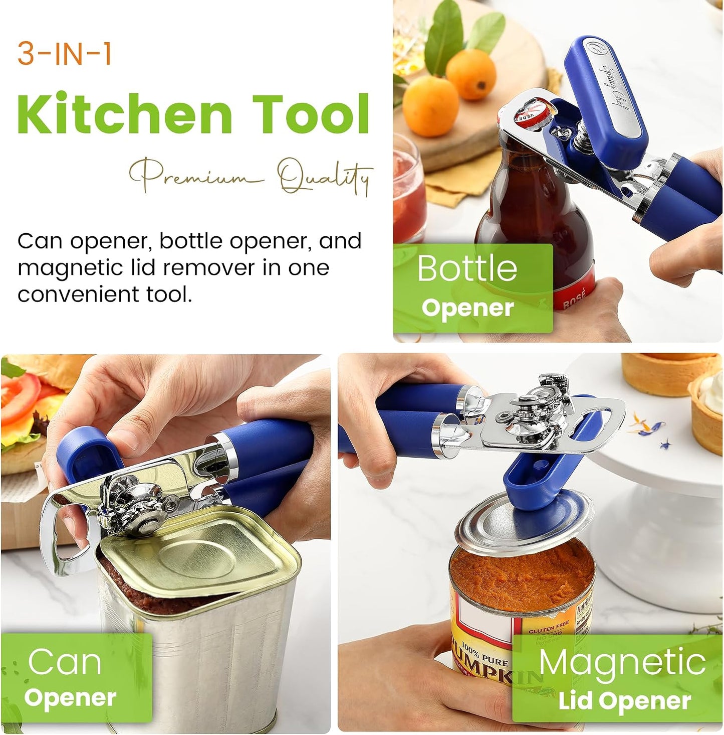 Spring Chef Stainless Steel Manual Can Opener with Soft Grip Handles, Black | Heavy Duty Hand Can Opener for Seniors with Smooth Edge, Easy Turn, 3in1 Can Opener with Magnetic Lid Remover & Bottle Opener