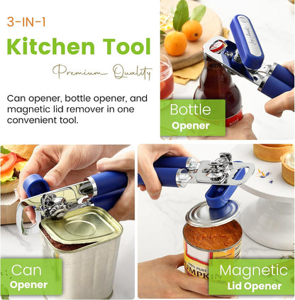 Spring Chef Stainless Steel Manual Can Opener with Soft Grip Handles, Black | Heavy Duty Hand Can Opener for Seniors with Smooth Edge, Easy Turn, 3in1 Can Opener with Magnetic Lid Remover & Bottle Opener