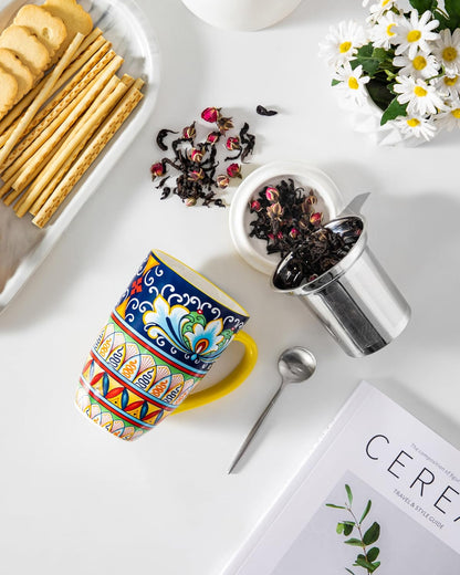vancasso Ceramic Tea Mug with Infuser and Lid, 18 Ounce Bohemian Loose Leaf Cup, Microwave & Dishwasher Safe, Perfect for Tea, Coffee, Burnt-Cobalt Mandala