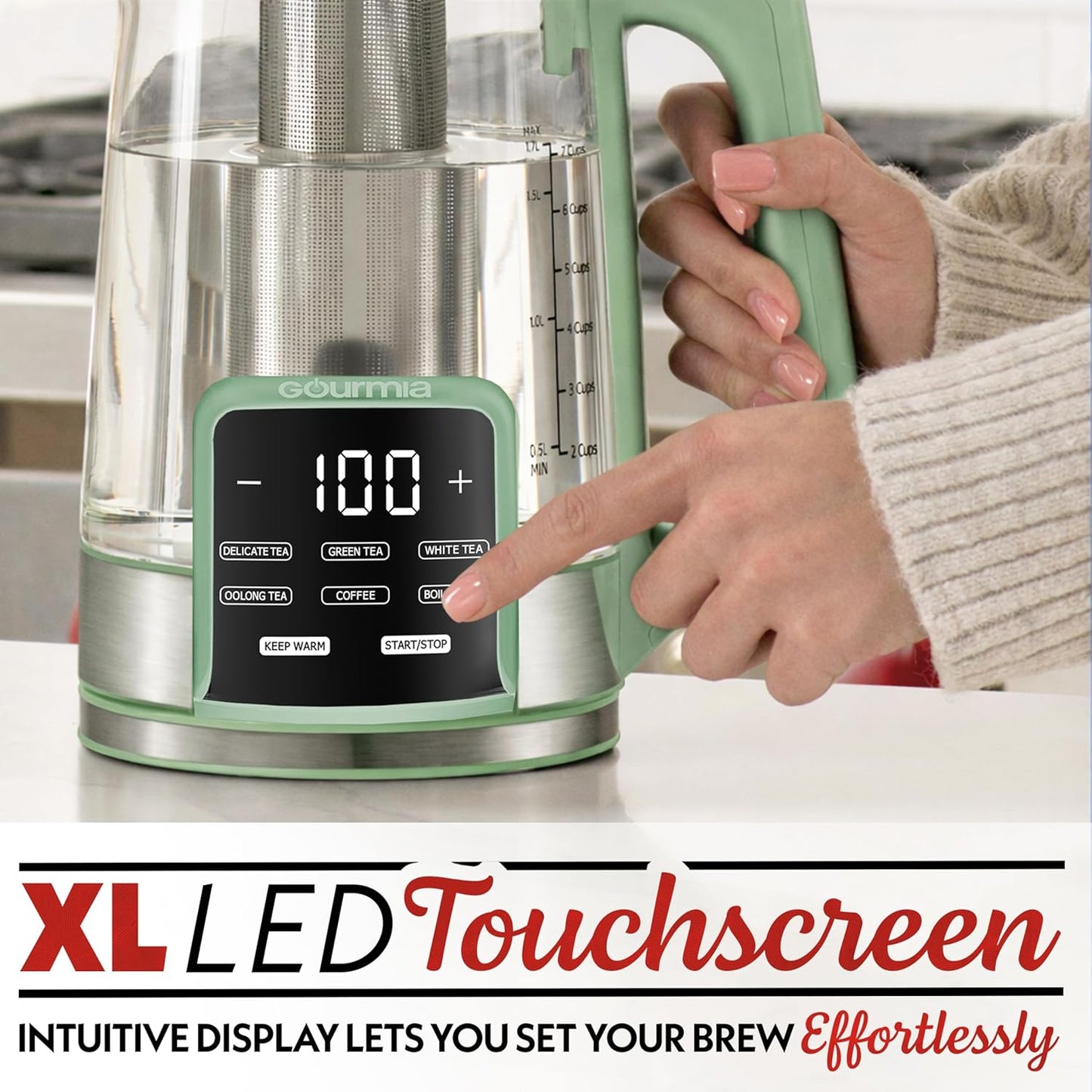Gourmia Electric Glass Kettle – 1.7L Programmable Tea & Coffee Brewer with Digital Touch Display, 6 Presets, Removable Stainless Steel Infuser, Cordless with 360° Swivel Base, Black