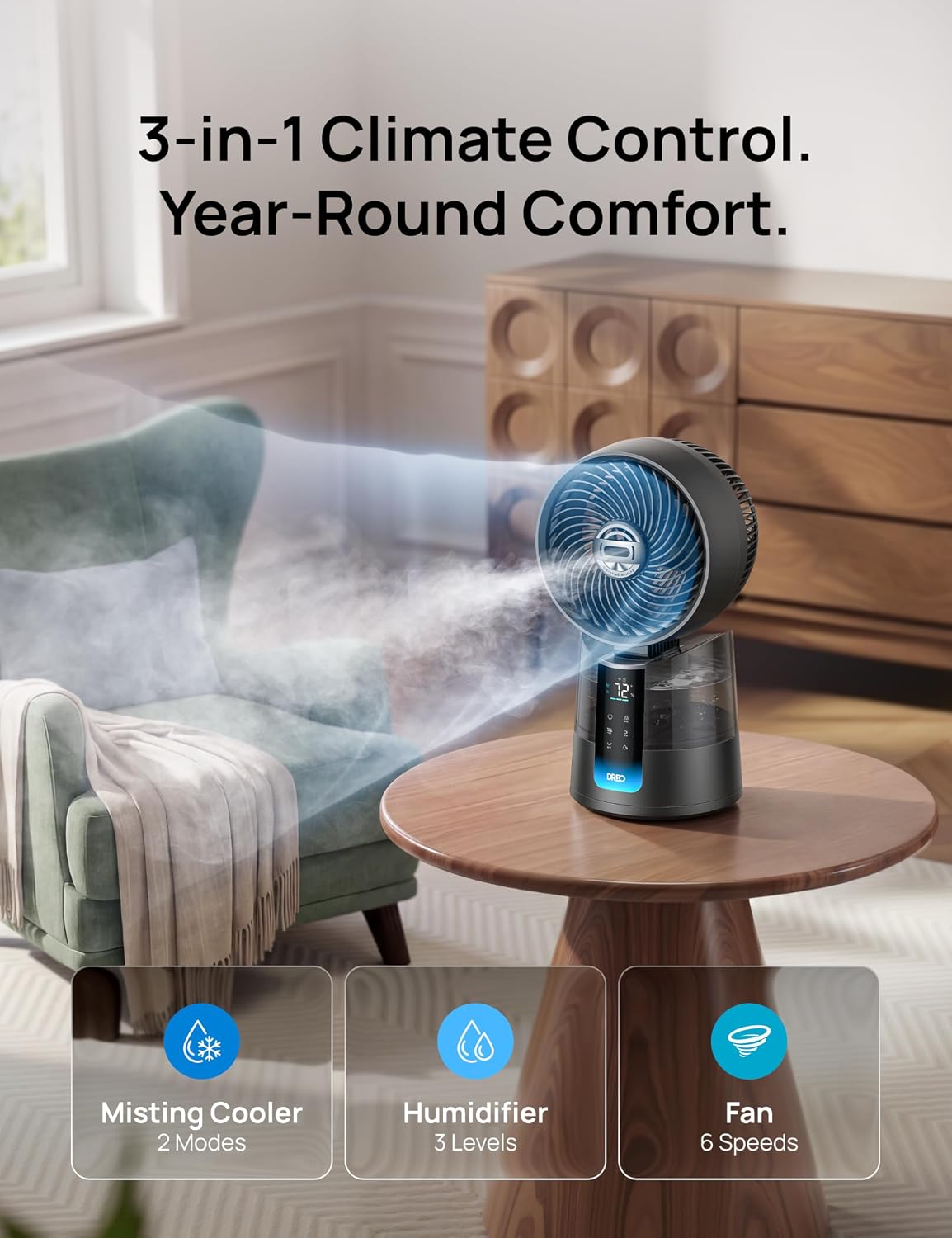 DREO TurboCool Misting Fan 516, 5℉ Drop Cooling Fans that Blow Cold Air | 150°+30° Omni-directional Oscillating, Evaporative air cooler, 26 ft/s Wind, Ultrafine Mist, 20dB, 6 Speeds 2 Modes, Grey