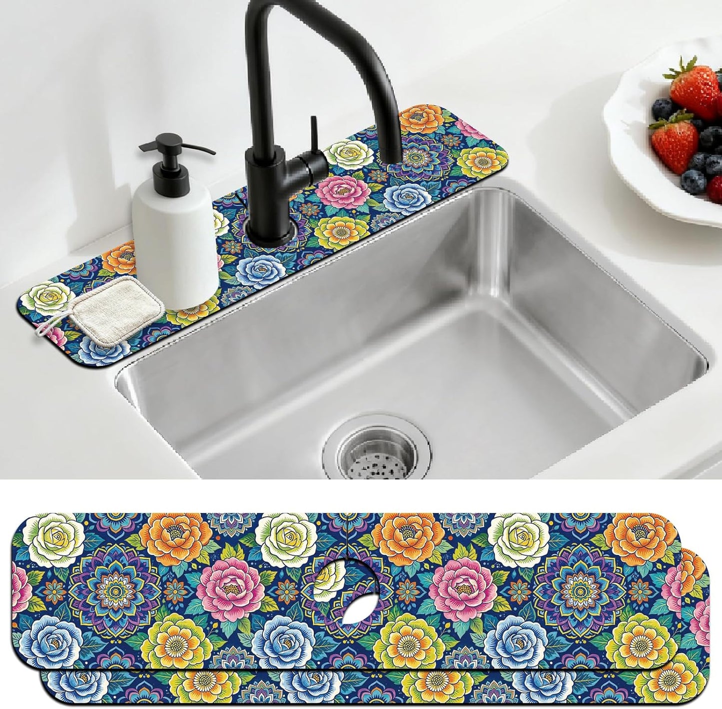 2 Pcs Kitchen Sink Splash Guard Faucet Mat Wood Grain Pattern Faucet Mat for Sinks Natural Wood Color Absorbing Drying Mats for Kitchen Bathroom, 23.6x5.5inch