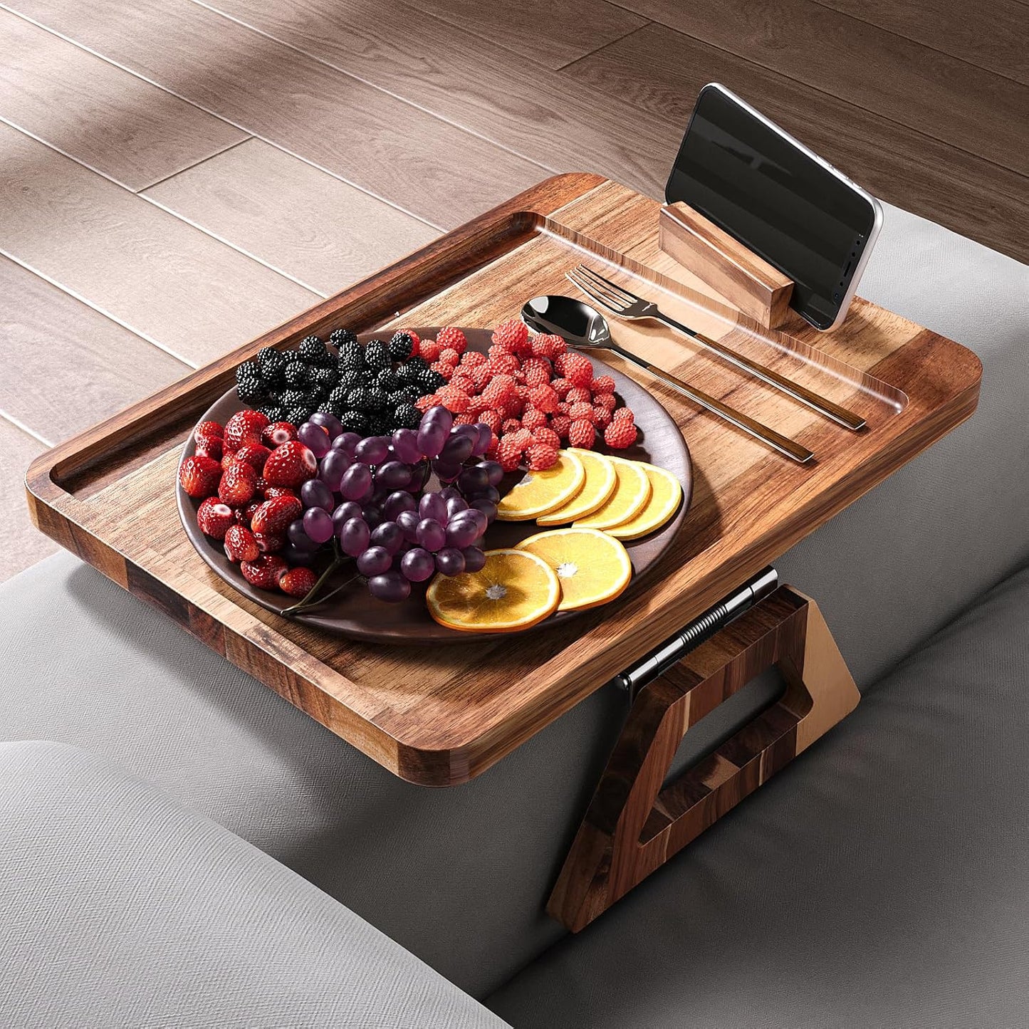 Acacia Wood Couch Arm Tray，Folding Sofa Armrest Table | Clip-On Couch Desk,Foldable, Non-slip,No Assembly，for Drinks Snacks Phone，Remote Control
