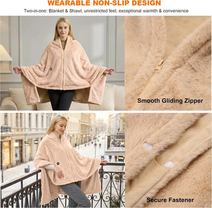 Heated Blanket Battery Operated with Fleece Lining 7.4V 16000mAh Battery 62" x 35" Heated Shawl Wraps for Women Men Cordless USB Outdoor Portable Electric Blanket 6 Heating Zones Khaki