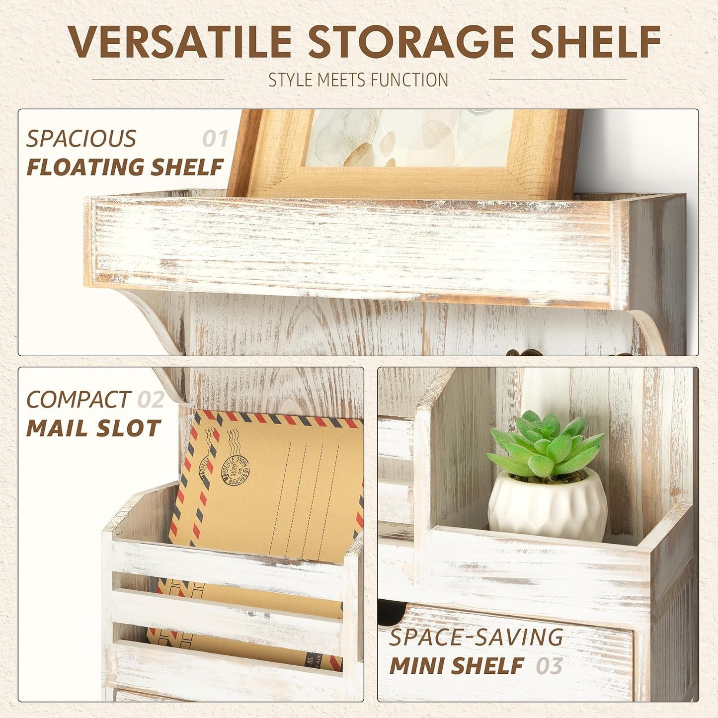 Rebee Vision Key Holder Wall Mount with Drawer Organizer for Entryway,Brown | Pine Wood, 6 Key Hooks, Display Shelf for Plants, Mail Slot for Storage Letter, Multi-Funtional Design, Home Storage