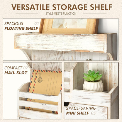 Rebee Vision Key Holder Wall Mount with Drawer Organizer for Entryway,Brown | Pine Wood, 6 Key Hooks, Display Shelf for Plants, Mail Slot for Storage Letter, Multi-Funtional Design, Home Storage