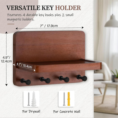Nekon Key Holder for Wall with Shelf, Pine Wooden Key Hanger, Black | Small Wall Mounted Key Holder with 4 Hooks, Farmhouse Wall Organizer for Home Entryway & Apartment