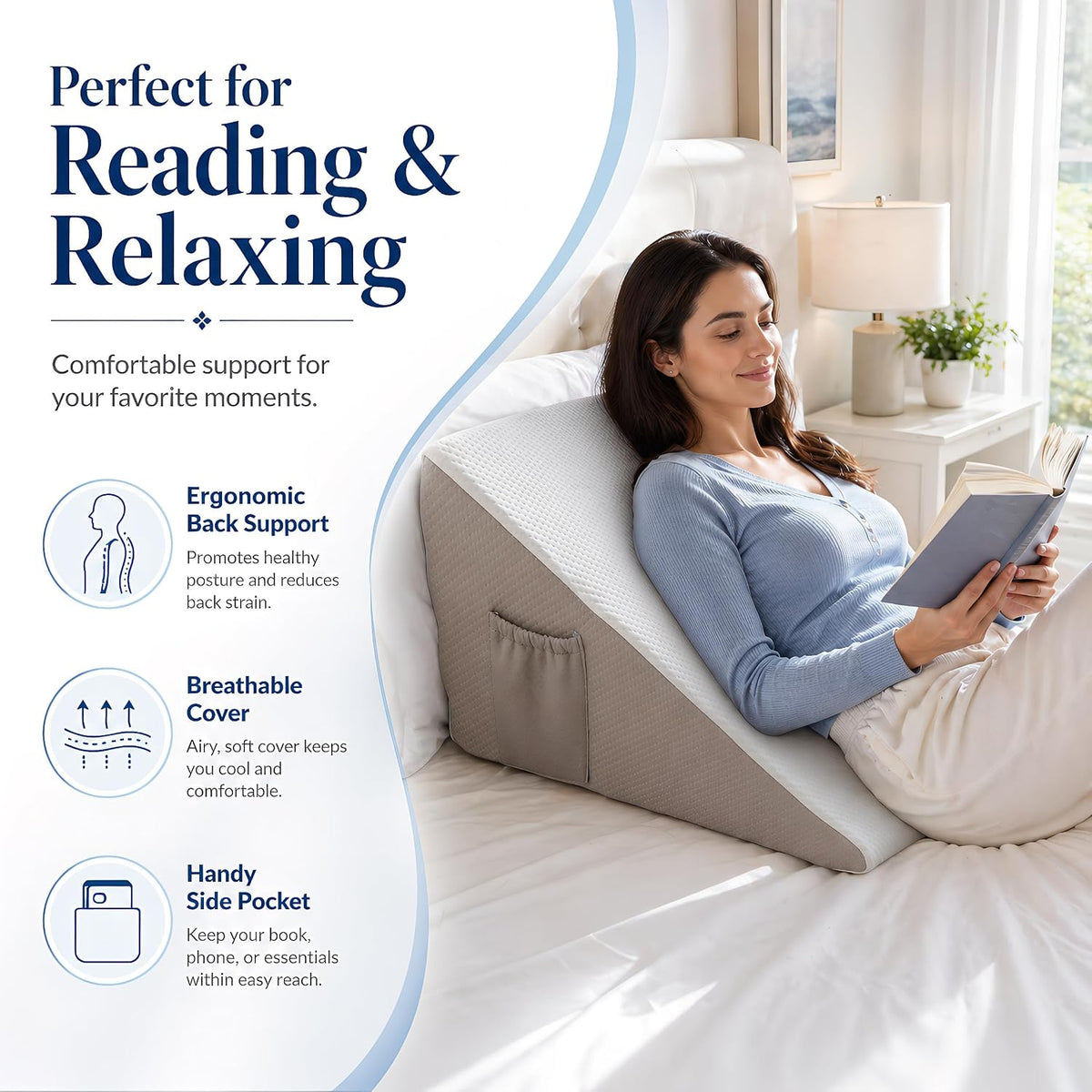 Bed Wedge Pillow, Foam Wedge Pillow for Sleeping, Reading, Sitting Up and Leg Elevation, 2 Piece Wedge Pillow Set