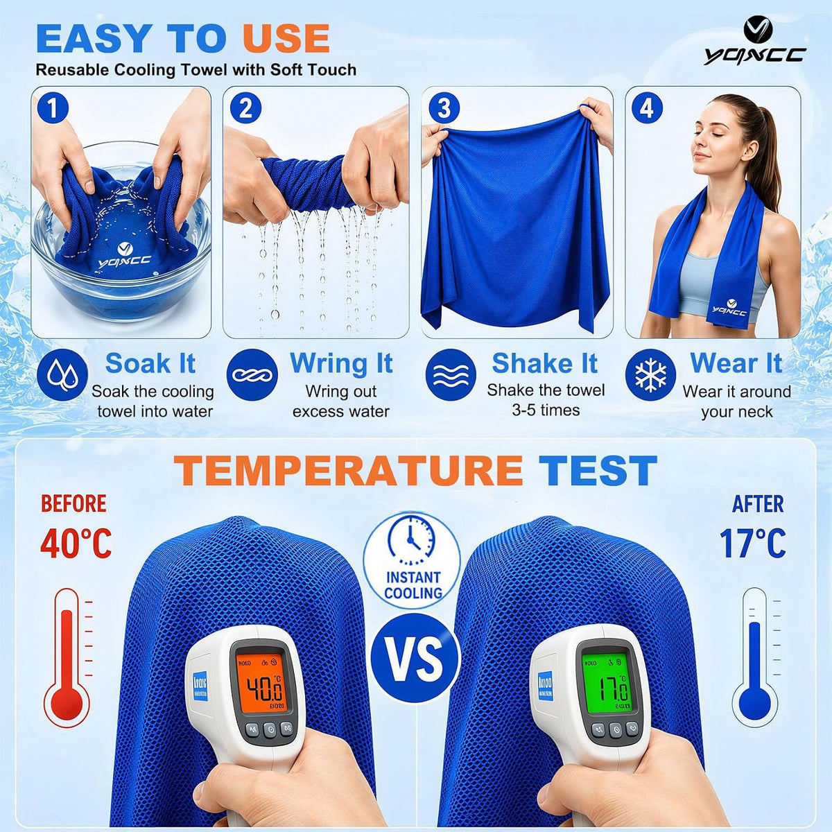 YQXCC 4 Pack Cooling Towels (40"x12"), Ice Cool for Neck & Face