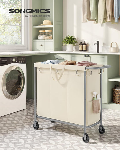 SONGMICS Laundry Basket with Wheels, 4-Section Rolling Laundry Hamper, 68.6 Gallons (260 L), Removable Liner, Steel Frame with Handle, 43.3 x 15.4 x 31.9 Inches, Cream White URLS014W01