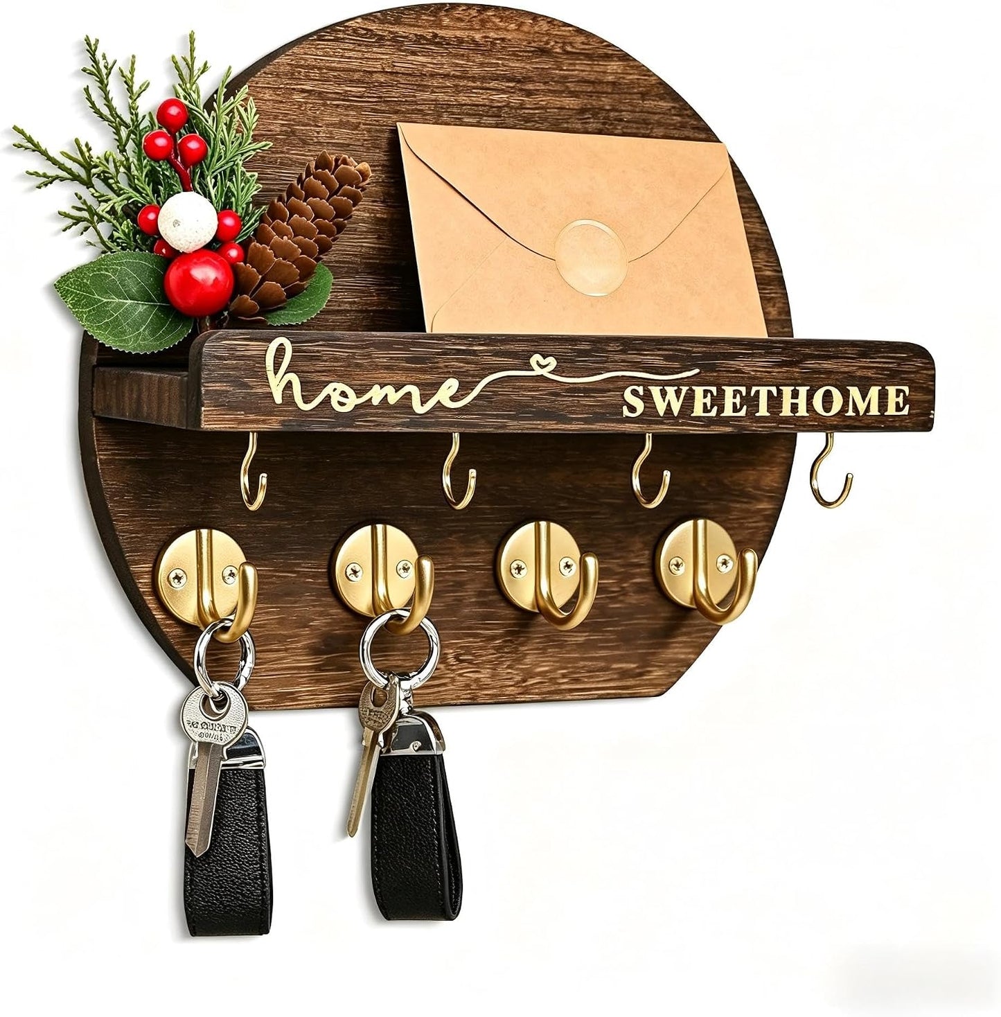 Key Holder for Wall, Key and Mail Holder Organizer - Key Holder Wall Mount with Bouquet Shelf and Key Hooks, Round Wooden Rustic Key Rack for Entryway and Home Decor (Black)