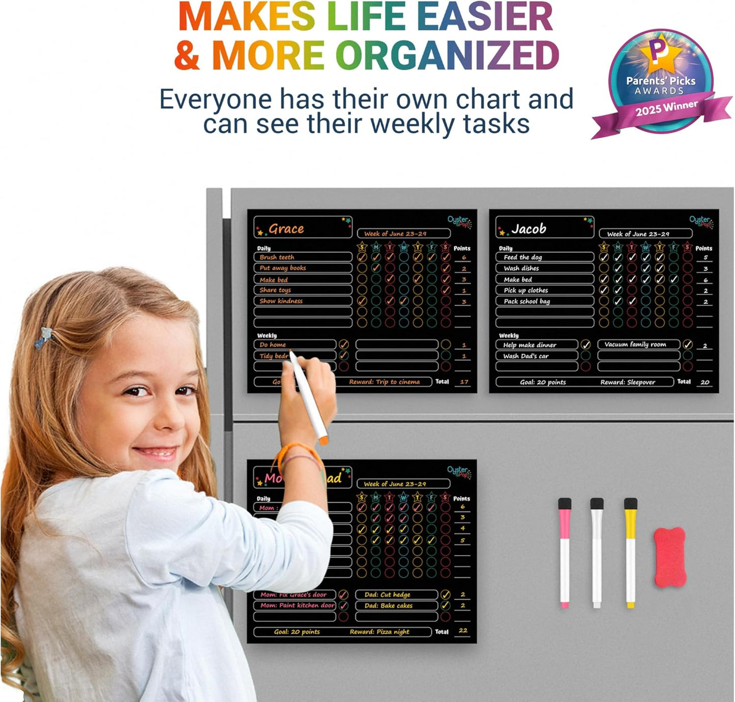 Oyster&Pop Black Chore Charts for Multiple Kids - 3 Pack Magnetic Dry Erase | Build responsibility, independence and routines - give kids and teens their own black magnetic board and weekly rewards