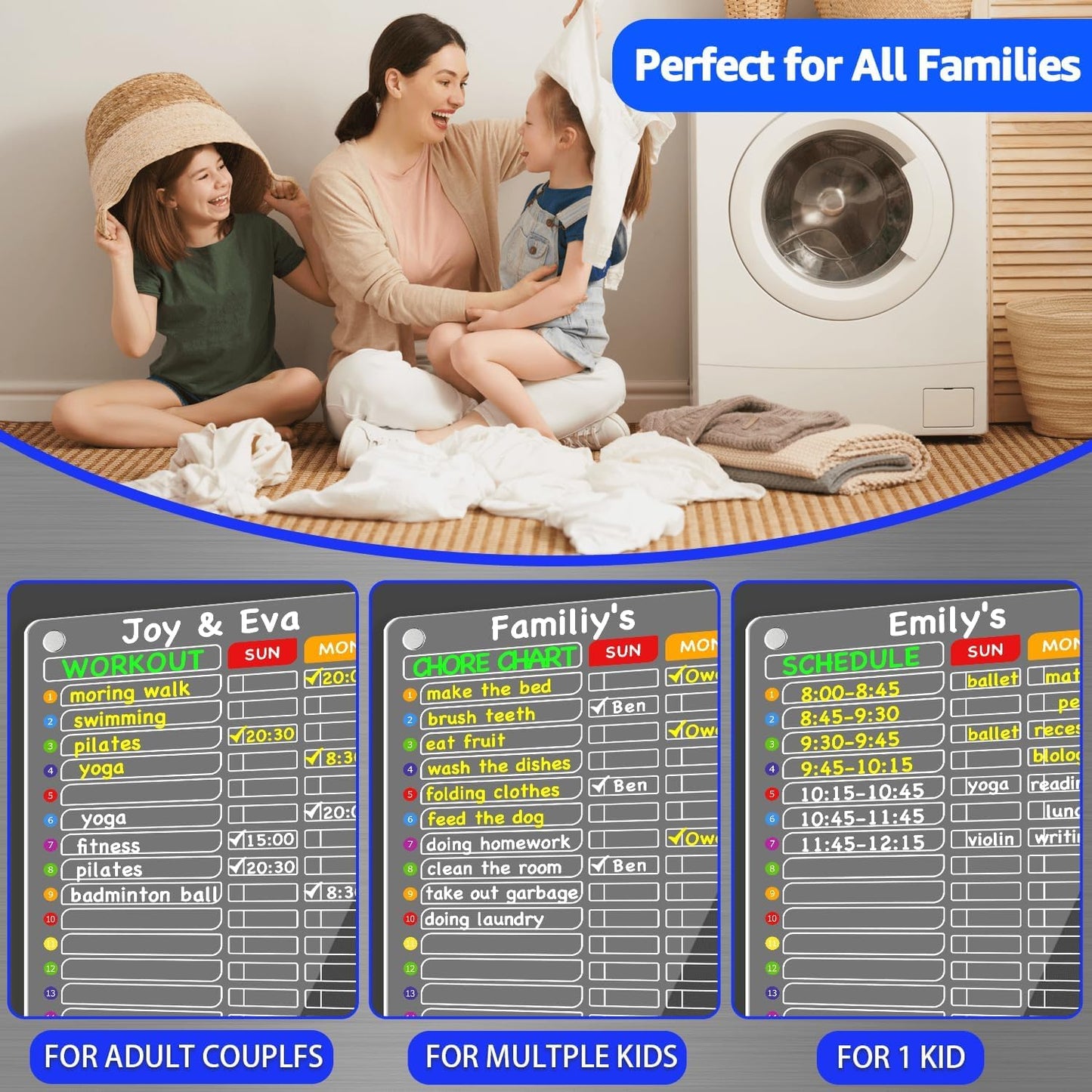 PigPotParty 2-in-1 Acrylic Magnetic Chore Chart for 2 Kids, Large 16x12 in | Clear Dry Erase Fridge Chore Board for Teens, Roommates; Vibrant Layout; Embedded Magnets; 12 Wet-Erase Markers and Towel