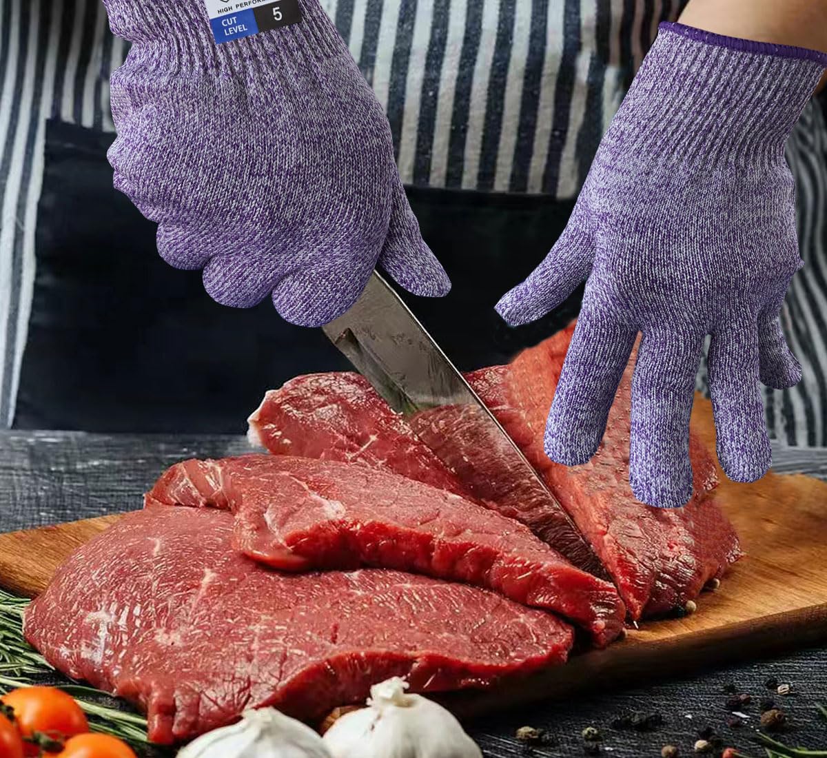 Cutting Gloves, Food Grade Level 5 Protection, Safety Kitchen Cut Gloves for Oyster Shucking, Fish Fillet Processing, Mandolin Slicing, Meat Cutting and Wood Carving. (Violet-Medium 2 Pairs)