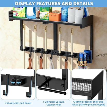 27" Mop and Broom Holder Wall Mount with Top Storage Shelf & Hooks,Black | Mop Hanger Wall Mount, 5 Grippers, 5 Hooks, Wall Organizer For Laundry Room, Garage And Kitchen