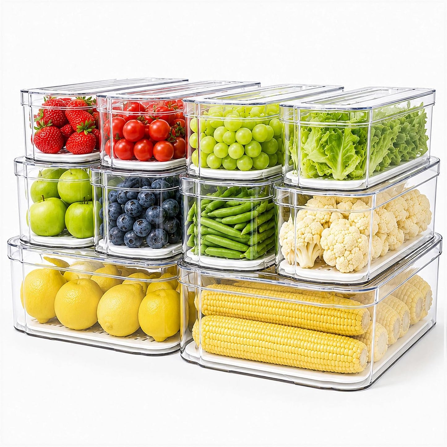 SMRCAD 6 Pack Clear Fridge Organizer Bins with Drain Trays - Stackable | BPA-Free PET, 6 Pack: 6 lidded Bins (Not drawer), Helps Keep Produce Fresh, 14L Capacity, Hand Wash Only