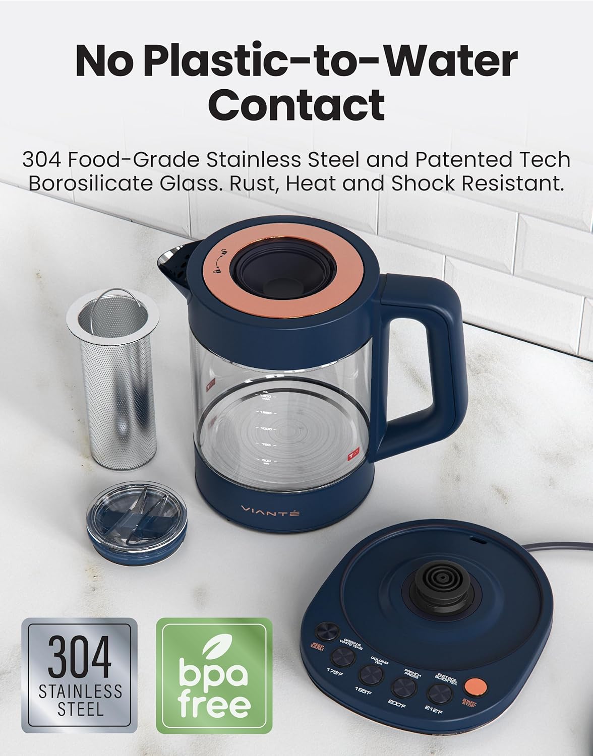 Viante Alba Electric Tea Kettle With Infuser, No Plastic, 1.5L | Borosilicate glass & 304 stainless steel construction. 4 temp presets, keep-warm, cordless, auto shut-off