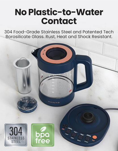 Viante Alba Electric Tea Kettle With Infuser, No Plastic, 1.5L | Borosilicate glass & 304 stainless steel construction. 4 temp presets, keep-warm, cordless, auto shut-off