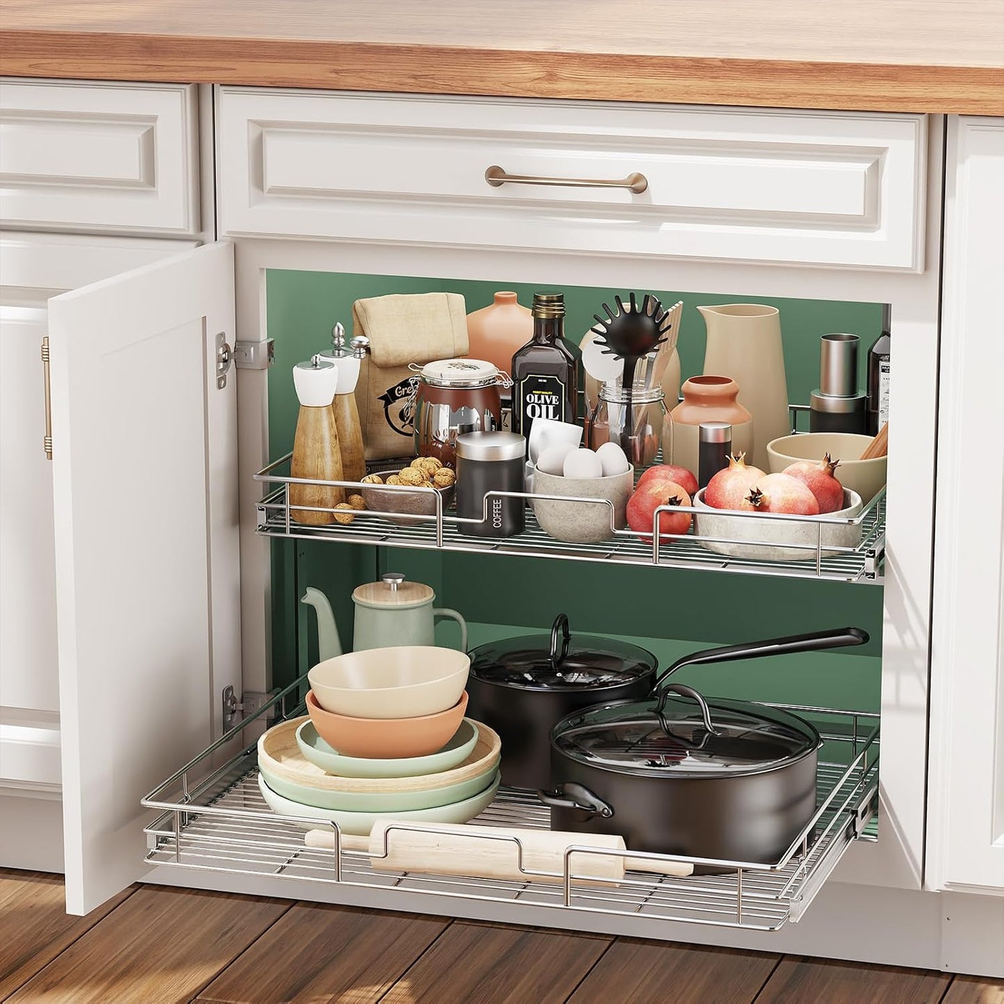 LOVMOR 2 Tier Individual Pull Out Cabinet Organizer 11" W x 18" D, Slide Out Kitchen Cabinet Storage Sliding Shelves