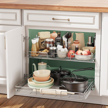 LOVMOR 2 Tier Individual Pull Out Cabinet Organizer 11" W x 18" D, Slide Out Kitchen Cabinet Storage Sliding Shelves