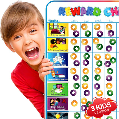Large Magnetic Reward Chart for Kids - 127 Pre-Written Stickers (Including Potty Training) + 30 Customizable Chores - Behavior, Responsibility & Incentive Routine Star Chart for Fridge (1 Kid Version)