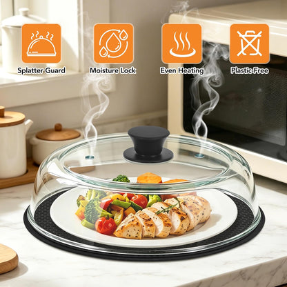 AUFKXOO 10 inch Glass Microwave Cover for Food,2-in-1 Microwave Splatter Cover with Silicone Pad, Microwave Plate Lid with Vent Holes & Easy-Grip Handle