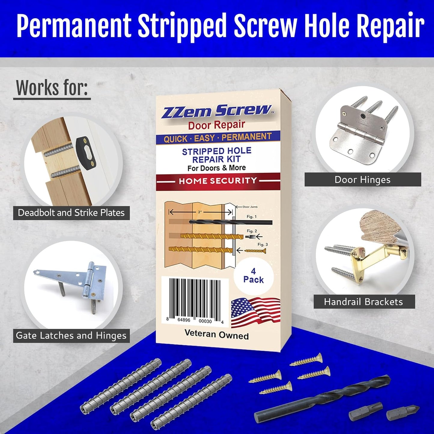 4-Pack #9 x 3 Permanent Stripped Door Hinge Screw Hole Repair Kit | Reinforces hinges, strike plates and door jambs. Installs in minutes. Made in USA
