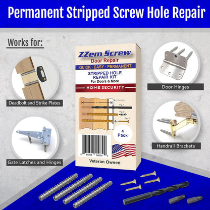 4-Pack #9 x 3 Permanent Stripped Door Hinge Screw Hole Repair Kit | Reinforces hinges, strike plates and door jambs. Installs in minutes. Made in USA