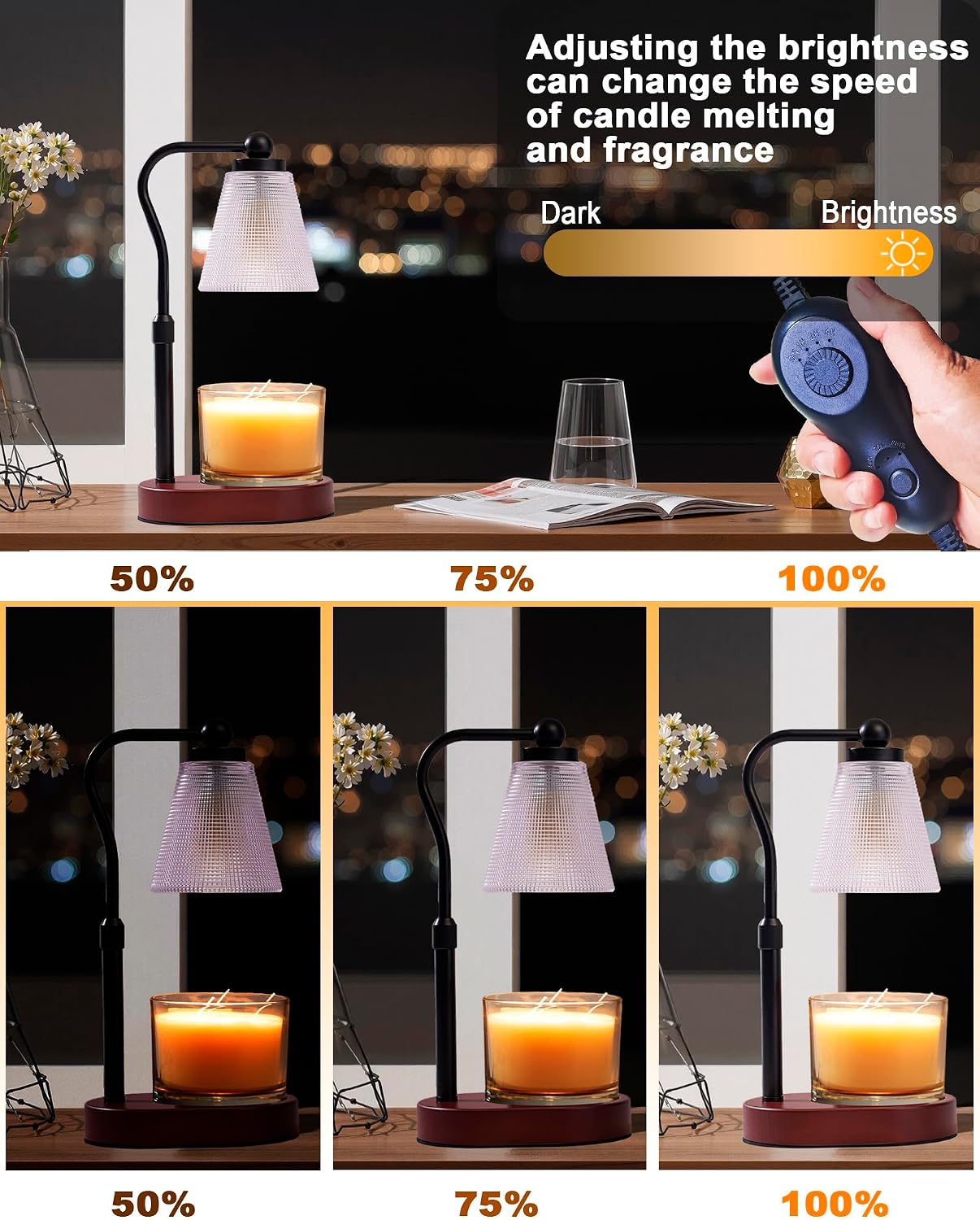 Candle Warmer Lamp with Timer, Dimmable, Adjustable Height, Oval | 2 bulbs included, no flame needed, 1-year warranty, farmhouse or modern decor, for bedroom, kitchen, living room, gifting