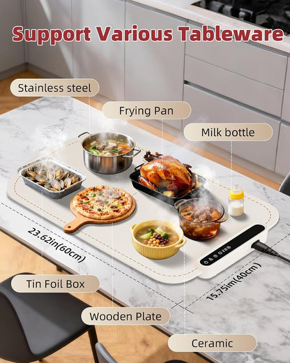 Warming Mat for Food, Upgraded Fast-Heating Electric Warming Tray with 7 Temp Levels & 8 Timers, Buffet Raised Feet & Rollable Silicone Heat Pad, Portable Food Warmer for Home, Party & Travel (Blue)