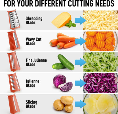 Zulay Kitchen Rotary Cheese Grater 5 Blade Cheese Shredder - Manual Hand Crank Cheese Grater With Reinforced Suction & 5 Interchangeable Drums - Easy to Use, Vegetable Chopper Round Mandoline Slicer - Colors B