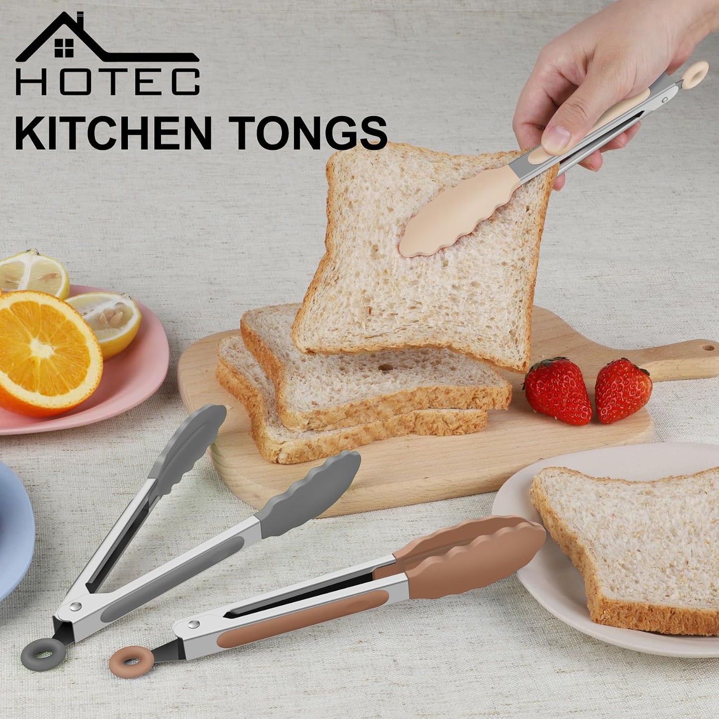 Hotec Mini Silicone Kitchen Tongs for Cooking - 7-Inch Small Serving Tongs with Silicone Tips, Set of 3 (Black,Grey,Light Blue)