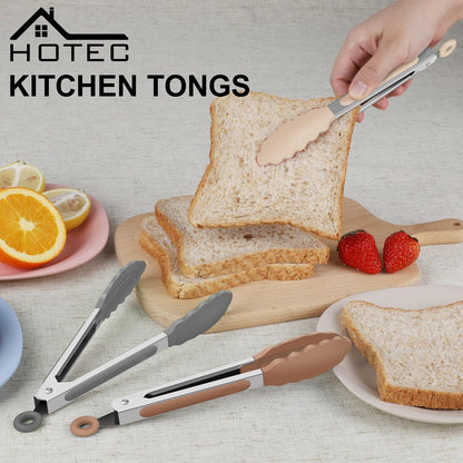 Hotec Mini Silicone Kitchen Tongs for Cooking - 7-Inch Small Serving Tongs with Silicone Tips, Set of 3 (Black,Grey,Light Blue)