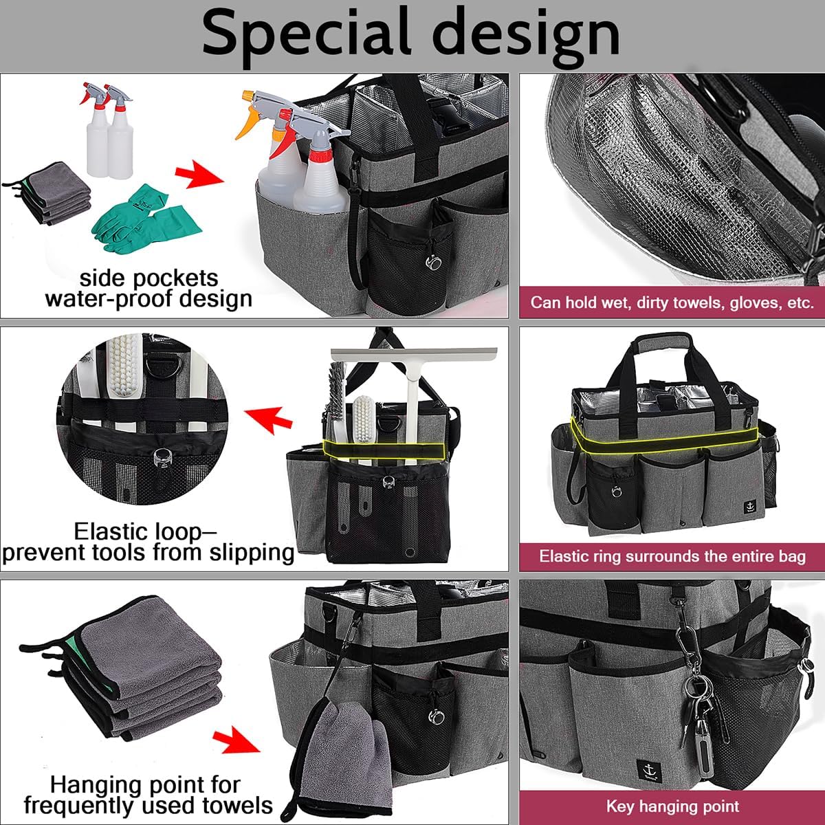 Large Cleaning Caddy Bag Built-in hard plastic sheet Aluminum foil lining | Waterproof nylon, aluminum foil lining, detachable dividers, dual straps for housekeepers