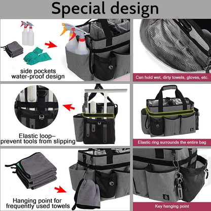 Large Cleaning Caddy Bag Built-in hard plastic sheet Aluminum foil lining | Waterproof nylon, aluminum foil lining, detachable dividers, dual straps for housekeepers