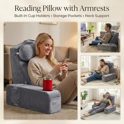 21 INCH Reading Pillow for Adults, Back Pillow for Bed Sitting Up, Backrest Pillow for Sitting in Bed, Detachable Arms with Built-in Cup & Phone Caddy (Gray, 21 INCH)