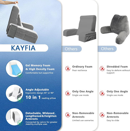 Kayfia Reading Pillow, Gel Memory Foam Back Rest Pillow, 19", Gray