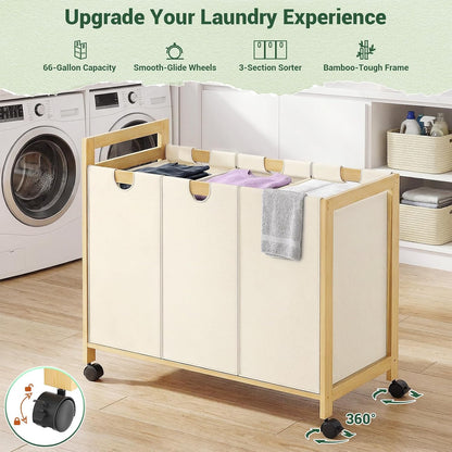 250L Laundry Sorter with Wheels, 3-Section Laundry Hamper, Black | 66 Gal Large Laundry Cart with Removable Bags, Rolling Laundry Basket, Water-Resistant, Bamboo Frame, Laundry Room Organizer