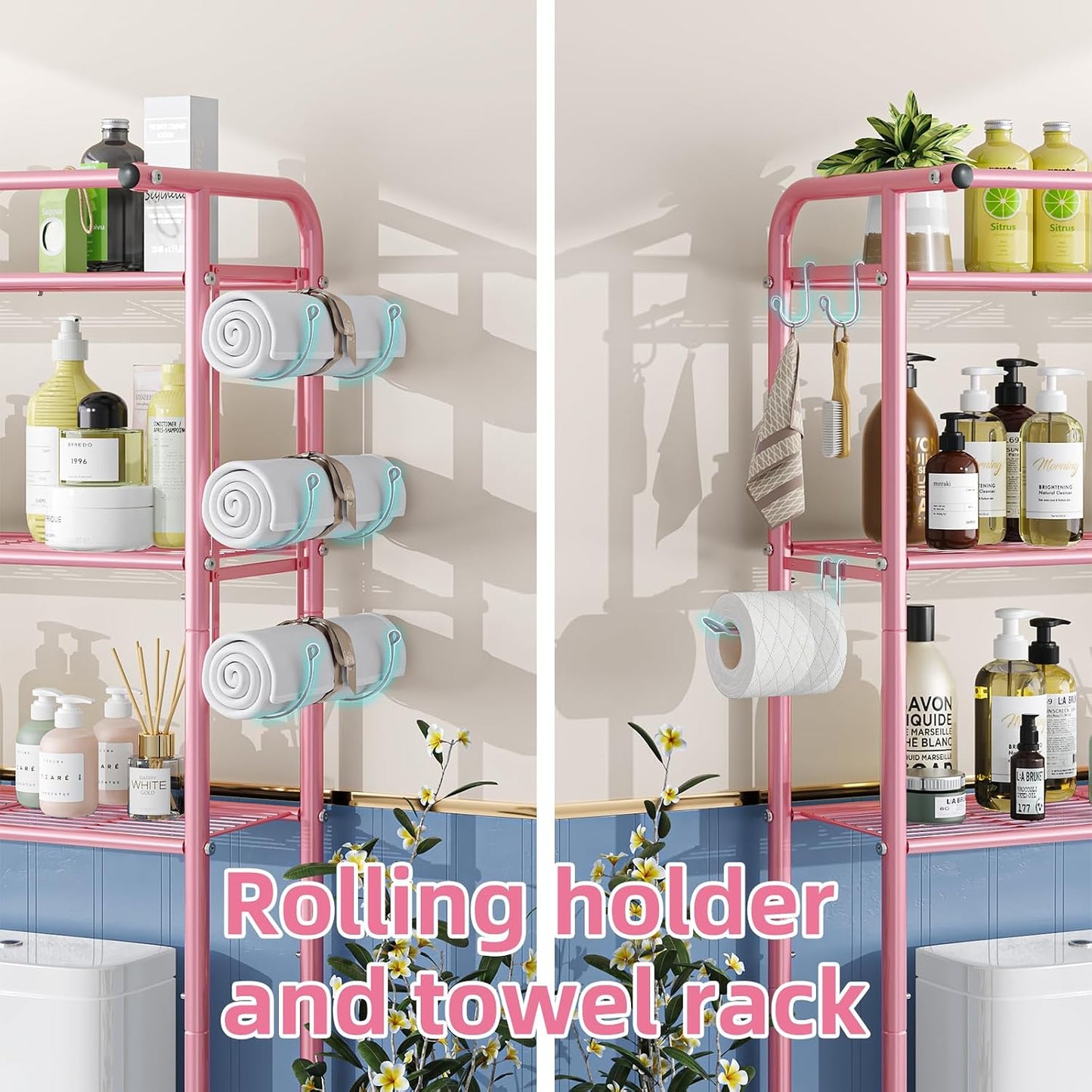 Simple Trending Over The Toilet Storage Cabinet, Metal Bathroom Shelf Organizer with Paper Holder and Hooks, 3 Tier, Black