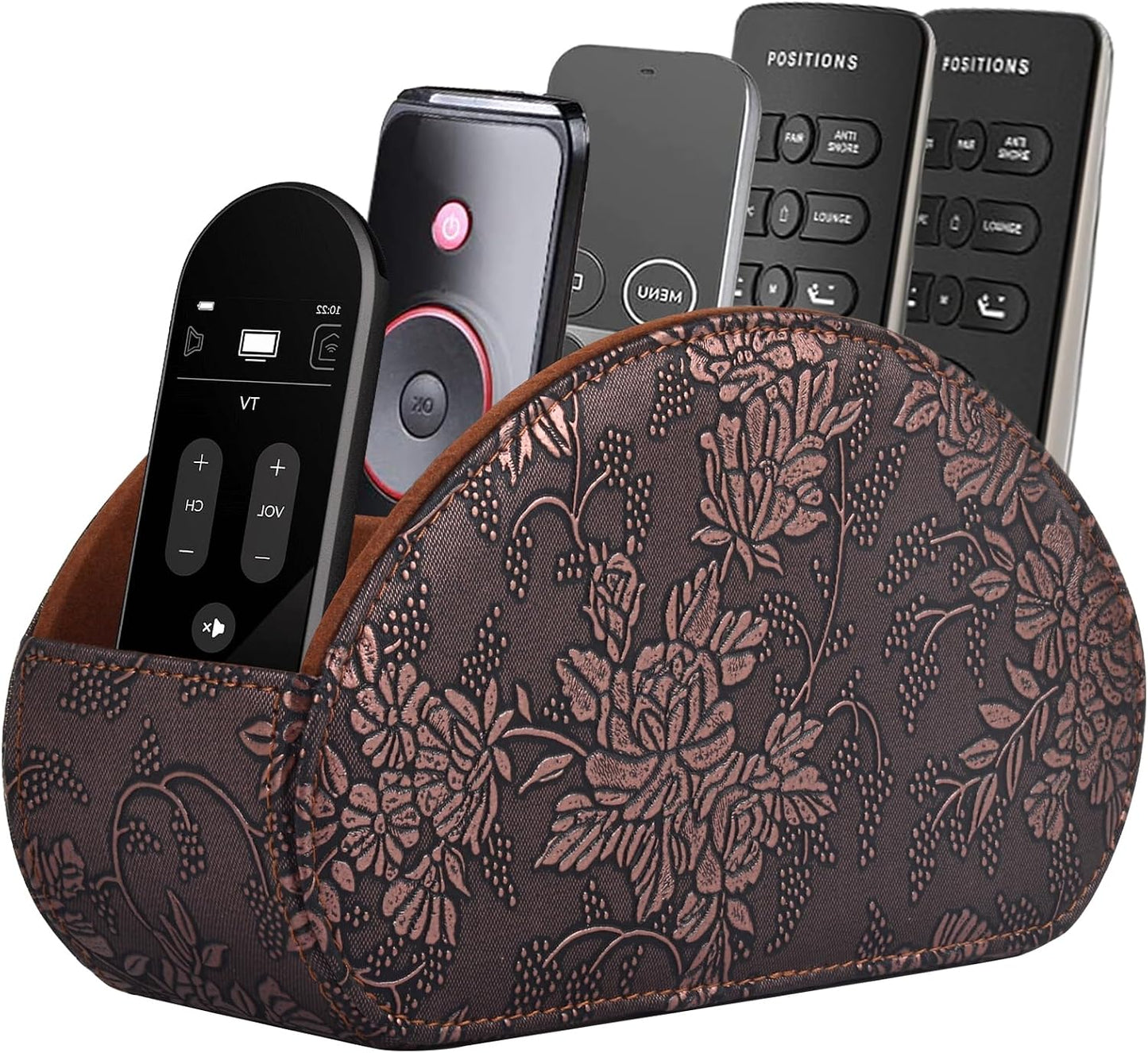 Leather Remote Control Holder with 5 Compartments TV Remote Caddy Storage Box/Tray,Desktop Organizer Store Controller,Glasses,Brush,Media Player,Pen,Space Saver for Bedside Table/Office Desk(Black)