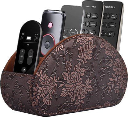 Leather Remote Control Holder with 5 Compartments TV Remote Caddy Storage Box/Tray,Desktop Organizer Store Controller,Glasses,Brush,Media Player,Pen,Space Saver for Bedside Table/Office Desk(Black)