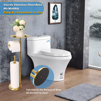 Exilon Toilet Paper Holder Stand for Bathroom Floor Freestanding Toilet Roll Dispenser Storages 4 Reserve Rolls, with Top Storage Shelf for Cell Phone (Brushed Nickel)